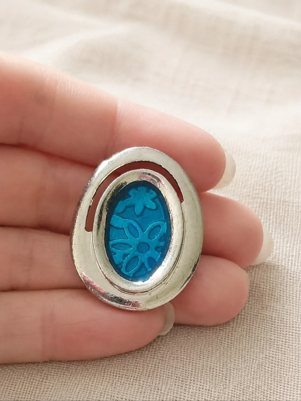 Vintage Turquoise Blue Floral Resin Adjustable Ring Silver Tone Statement